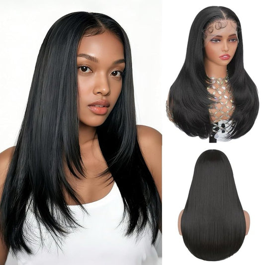 13x6 HD Synthetic Lace Front Wig - Glueless Pre Plucked Hairline, Long Yaki Straight for Black Women | 24 Inch Natural Black
