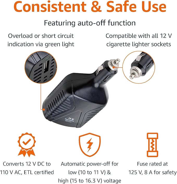 Amazon Basics 75W Portable Car Power Inverter, 12V to 110V, USB Charging Port, AC Outlet for Vehicles, Black, 5.07 x 2.65 x 1.6 inches
