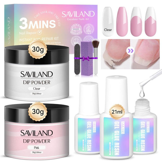 SAVILAND 60g Nail Repair Kit for Split Damaged Nails: 3 Mins Air Dry Quick & Easy Instant Broken Nail Repair Natural Clear & Pink Dip Powder with 21ml Nail Glue Emergency Home & Salon Use