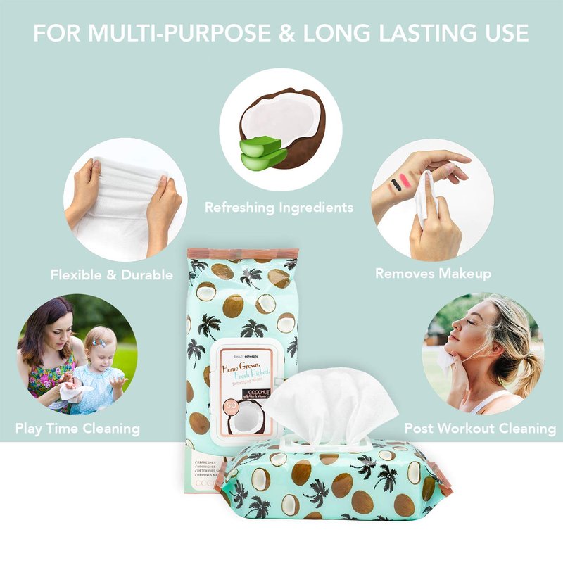 B.C. Beauty Concepts Makeup Remover Wipes – Gentle Facial Wipes for Easy Makeup Removal, 200 Count (Pack of 4), Coconut with Aloe & Vitamin C