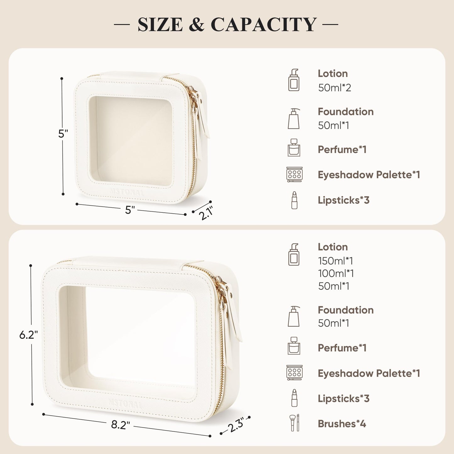 MSTONAL Clear Makeup Bag, Travel Toiletry Bag Cosmetic Case for Women, Waterproof Portable Make Up Skincare Pouch with Zipper, Compact Car Organizer Bag for Essentials, Mini & Medium, Ivory White