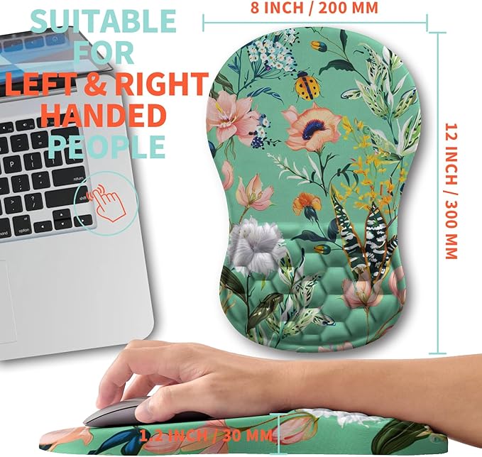Kuosgm Ergonomic Mouse Pad Wrist Support with Memory Foam Massage Bulge, Carpal Tunnel Pain Relief Mousepad Wrist Rest for Mouse(12x8 inch, Pink Flowers)