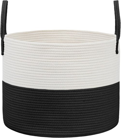 JMvicyroam 65L Extra Large Blanket Basket - Woven Cotton Rope Laundry Hamper with Handles | Machine Washable, White & Black