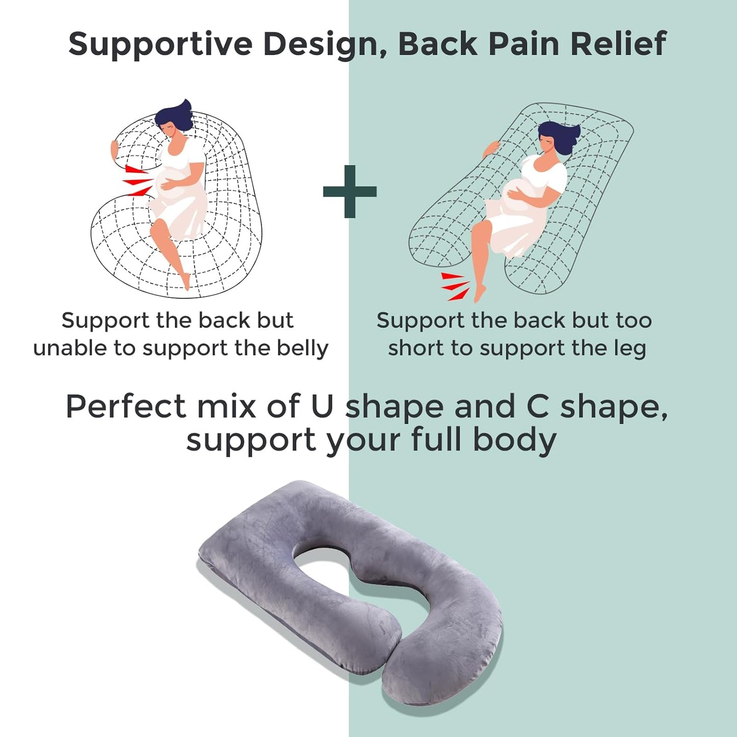 Momcozy U Shaped Pregnancy Pillow - Full Body Maternity Support for Back, Legs & Belly | 57 Inch, Grey