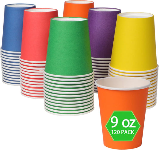 Rainbow | 9 Oz Disposable Paper Cups - 120-Pack Colorful Party Cups for Birthdays & Events