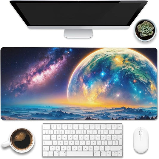 Eflxamz Desk Mat,Galaxy Earth Planet Desk Pad,Science Fiction Cosmic Large Gaming Mouse Pad for Desk,Extended Big Computer Keyboard Mouse Pad with Non-Slip Base and Stitched Edge,35.4"x15.7"