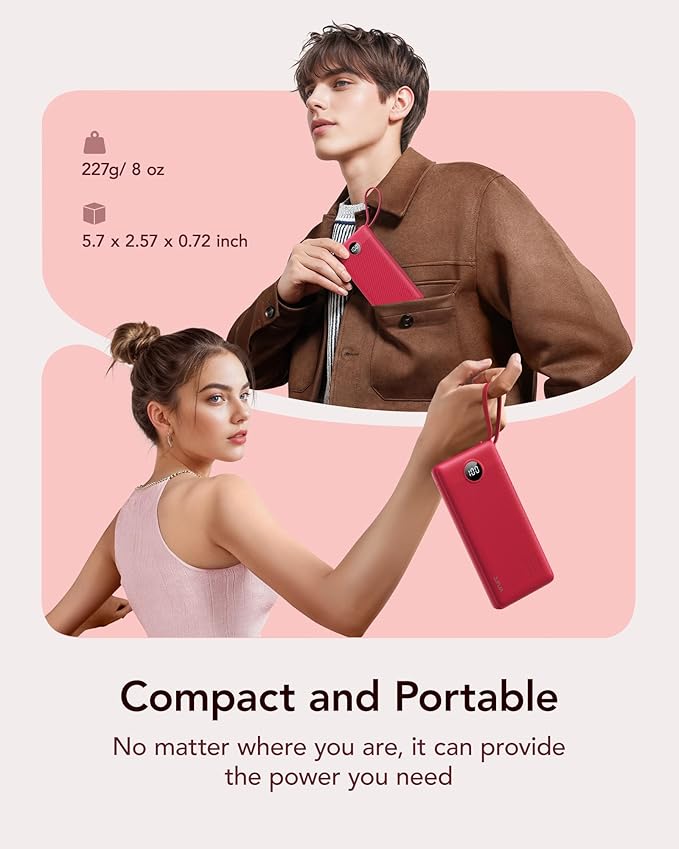 VRURC Portable Charger, Built in 4 Cables & Lanyard Power Bank 10000mAh, Compact USB C Charging Bank 5 Outputs for Multi Devices,Travel Essential for Hiking Camping Business Cruise Ship-Red(1 Pack)