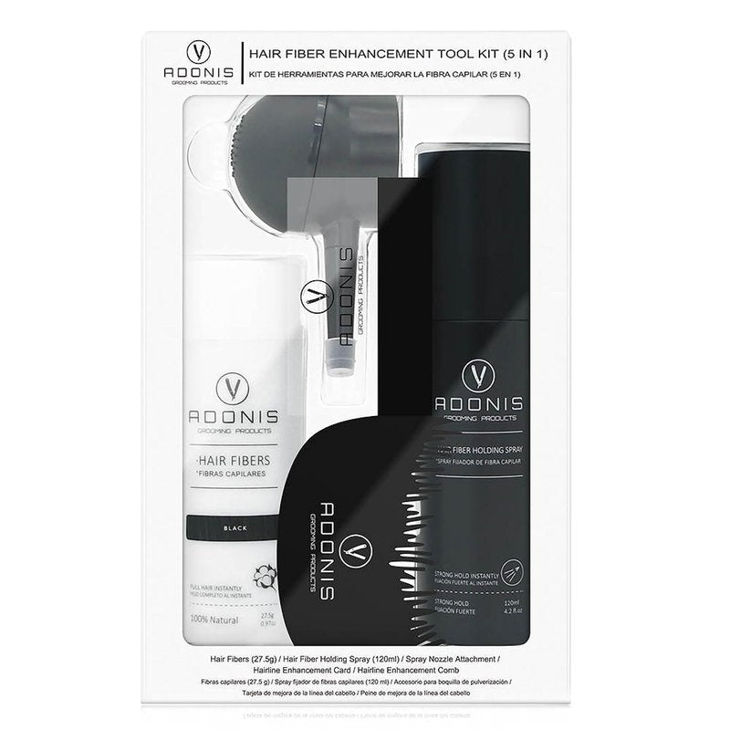 Adonis 5-in-1 Hair Fiber Kit | All-Natural Keratin Fibers, Spray & Applicator for Thinning Hair - Black