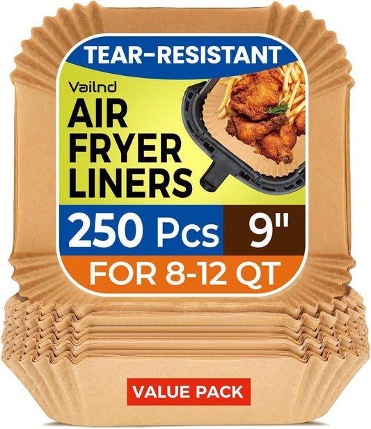 Unbleached Parchment Paper Liners - 250 Pcs 9" Square Disposable Air Fryer Liners | Non-Stick & Leakproof