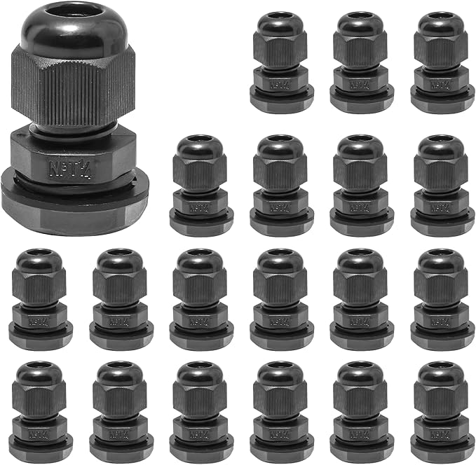 Bonsicoky 20 Pcs 1/4" NPT Nylon Cable Glands, IP68 Waterproof Adjustable Cord Grip Cable Connector Strain Relief Wire Protectors for 4-6mm Cable Diameter, Black