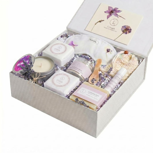 Lizush Luxury Spa Gifts for Women – 7 Piece Lavender Gift Set with Candle, Gift Baskets for Women, Body Care Set for Mom, Birthday Box, Relaxation & Self Care Spa Kit for Wife – Handmade in the USA