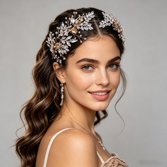 LOVFOIVER Rhinestone Wedding Headband Handmade Leaf Crystal Bridal Headpieces for Wedding Hair Accessories for Brides and Bridesmaid (Gold)
