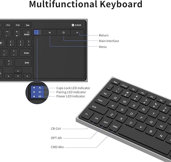 CZUR Rechargeable Bluetooth Keyboard with Touchpad, Portable Computer Keyboard with Trackpad, Wireless Ultra Slim Keyboard for PC/Laptop/Tablet/Phone, for Windows/Android/Mac/iOS