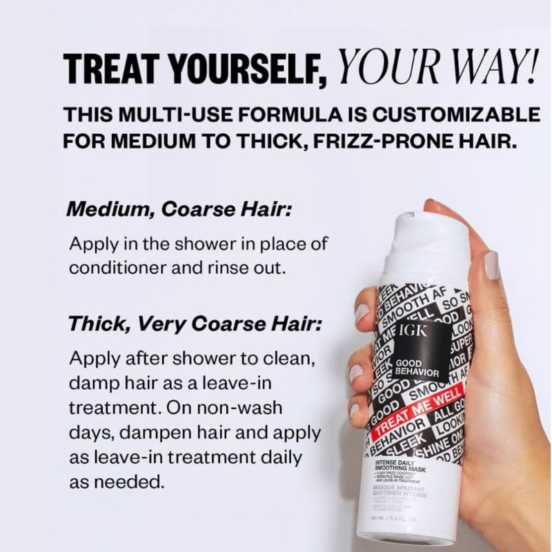 IGK GOOD BEHAVIOR Intense Daily Smoothing Mask | Smooths Frizz, Detangles and Softens Hair | Rinse-Out or Leave-In Treatment for Medium to Thick Frizz-Prone Hair | 5 Oz
