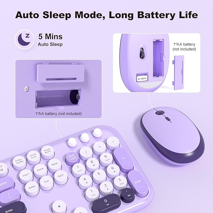 KNOWSQT Wireless Keyboard and Mouse Combo - Lovely Violet 2.4G Full-Sized Colorful Keyboards, Round Keycap USB Dongle Plug Play Cute Keyboards for Windows, Laptop, PC, Desktop, Mac