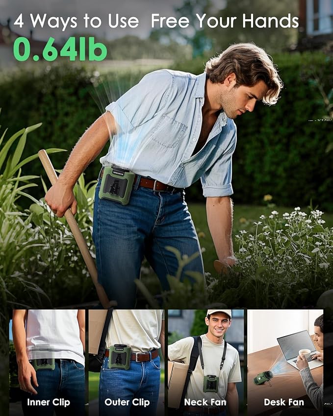 FANSEXPERT Portable Waist Fan Clip on, Personal Wearable Belt Fan 10000mAh Rechargeable Battery Under Shirt,5 Speeds with light, Neck Fan Hands-Free Cooling For Outdoor Camping Travel (Green)