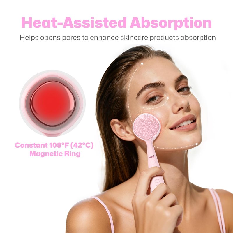 PRITECH Facial Cleansing Brush with Vibrating, Rechargeable Silicone Face Scrubber for Deep Pore Cleaning, Exfoliator & Waterproof Face Brush with Heat End for for Women and Men (Pink)