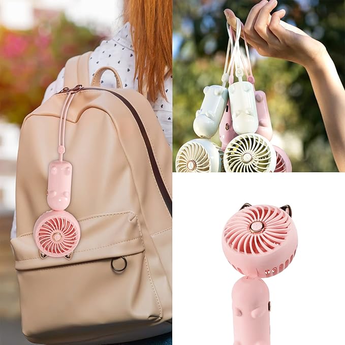 QearFun Handheld Lanyard Fan Portable, Mini Hand Held Fan with USB Rechargeable Battery, 3 Speed Strong Personal Table Fan, 8-12 Hours Small Makeup Fan for Girls Women Travel Beach (Pink)