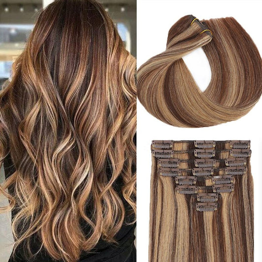 Clip in Hair Extensions Real Human Hair for Women Invisible Natural Straight Seamless Clip on Hair Extensions 8pcs Double Weft 2.8oz/70g (#4P/27 Medium Brown/Dark Blonde, 18 Inch)