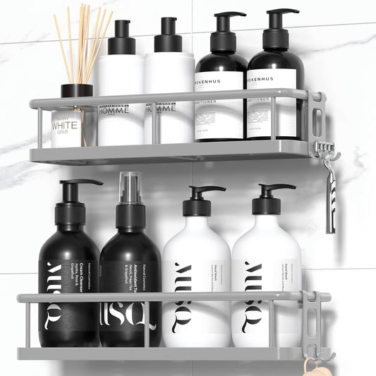 YASONIC Shower Caddy - No Drill Wall-Mounted Organizer with Removable Hooks - Rust Proof Grey, 2 Pack