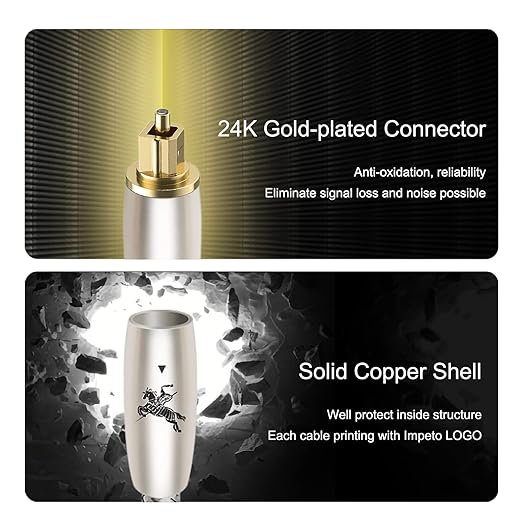 Impeto Premium Fiber Optic Audio Cable 3.2ft (1m) | Toslink S/PDIF | 24K Gold-Plated | Glass Core | for Soundbars, TVs, PS5, Xbox