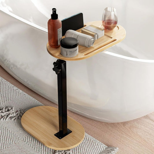 Yumkfoi Bamboo Bathtub Tray Table with Adjustable Height, Freestanding Bath Caddy Tray for Tub Against Wall, Bathtub Side Table for Luxury Bath Home Spa Homewarming - Patent Protected (Natural)