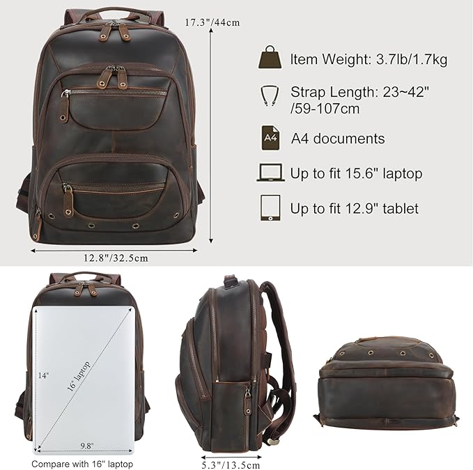 TIDING Leather Laptop Travel Backpack for Men Fits 15.6" 16" Computer, Large Business Work Bag Vintage Overnight Weekender Daypack Camping Rucksack