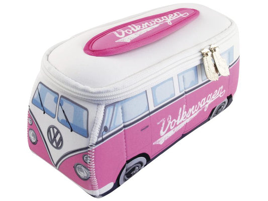 BRISA VW Collection - Volkswagen Neoprene Universal Makeup Cosmetics Toiletry Travel Pharmacy Bag in T1 Bus Design (Pink/Large) (Large (11.8 x 5.5 x 4.7 inches))