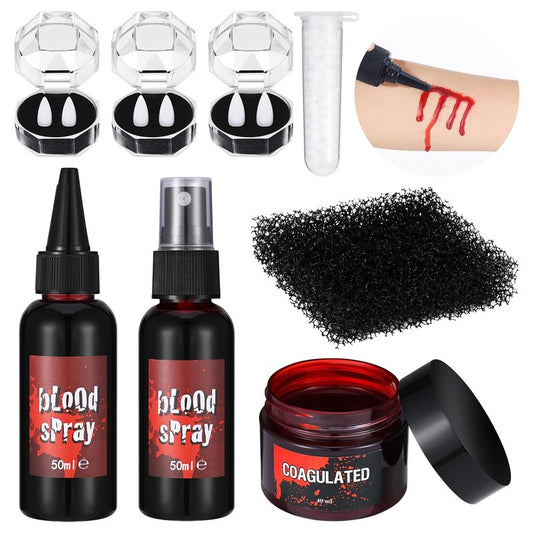7 PCS Halloween Fake Blood Makeup Kit 3 Size Vampire Teeth Fangs Fresh Red Fake Blood Spray Realistic Coagulated Blood for Party Monster Zombie Cosplay
