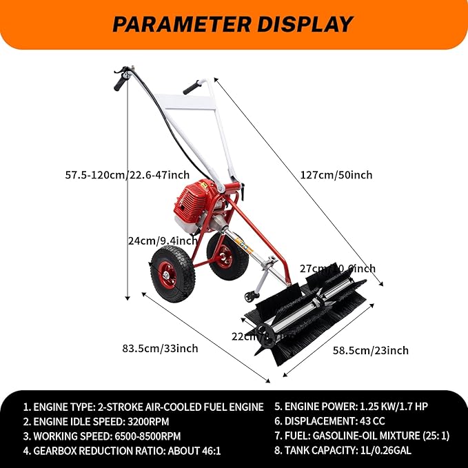 Gas Power Sweeper Broom, 43cc 1.7HP 2-Stroke Handheld Gas Power Held Sweeper Broom Grass Walk Behind Hand Lawn Sweeper with Wheels for Cleaning Driveway Farms Parks Turf