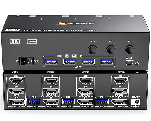 KVM Switch 3 Monitors 3 Computers 8K@60Hz, MLEEDA HDMI + 2* Displayport Triple Monitor KVM Switch with 4 USB 3.0 Ports for Keyboard Mouse Printer, Wired Remote and Power Adapter Included