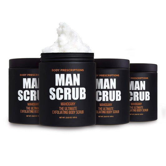 Body Prescriptions Menâs Exfoliating Body Scrub â Ultimate Skin Cleansing Wash in Jar with Twist-Top Lid, For All Skin Types, 21 Ounce (Pack of 4), Mahogany