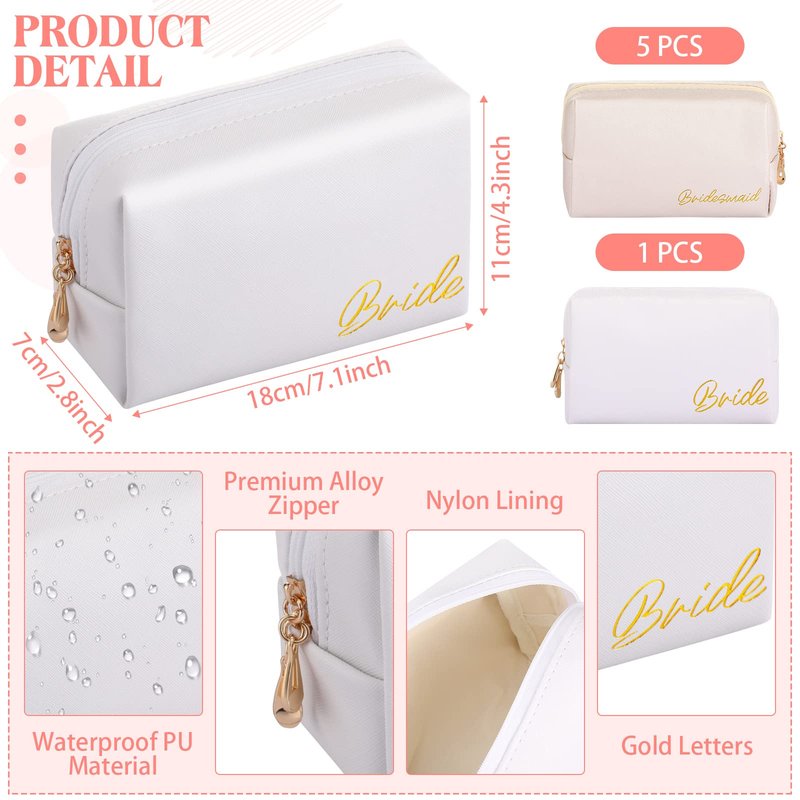 Hillban 6 Pcs PU Leather Bride Makeup Bag Cosmetic Bridesmaid Waterproof Toiletry Travel Bag Pouch Purse Gifts for Bridal Shower, Wedding, Engagement Gifts, Bachelorette Party(White, Ivory White)
