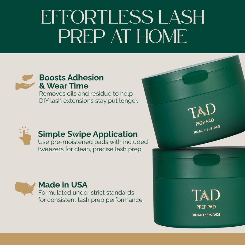 TAD Beauty Prep Pad - DIY Lash Prep Wipes to Clean and Prime Natural Lashes Before Extensions - Disposable Single Use Eyelash Pads with Tweezers - 75 Count for At Home Lash Application Professional