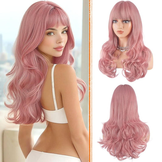 Haloo Pink Wigs with Bangs Long Wavy Layered Haircut Natural Looking Fluffy Synthetic Heat Resistant Hair Wig for Women Daily Party, 24 Inch