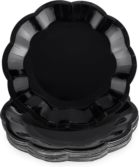NatNarr 30 Pcs Black Paper Plates - 7 Inch Scalloped Disposable Dessert Plates for Parties & Events