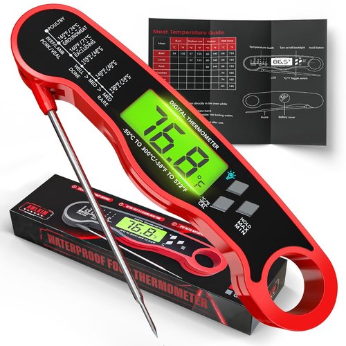 AWLKIM Digital Meat Thermometer - Instant Read Waterproof Kitchen & Grill Thermometer | Red with Backlight