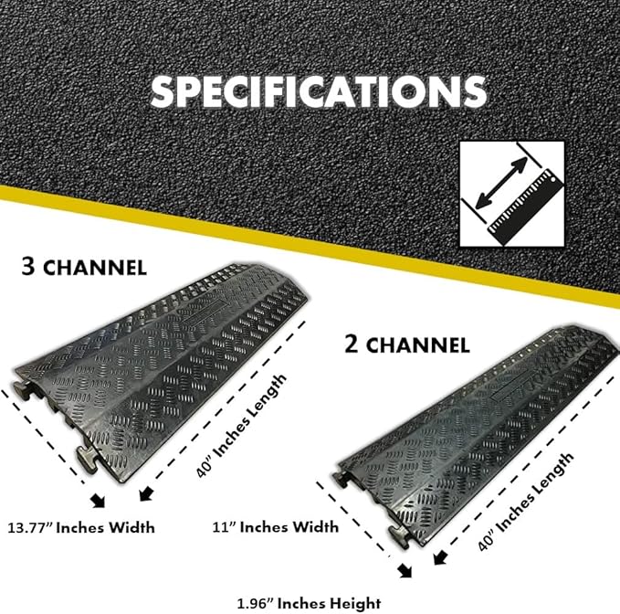 Kable Kontrol Drop Over Floor Cord Cover – 40” Inch Long 2 Channel Cable or Wire Protector – 10 Pcs Bulk Pack - Rubber Ramp for Indoor and Outdoor Use – Black