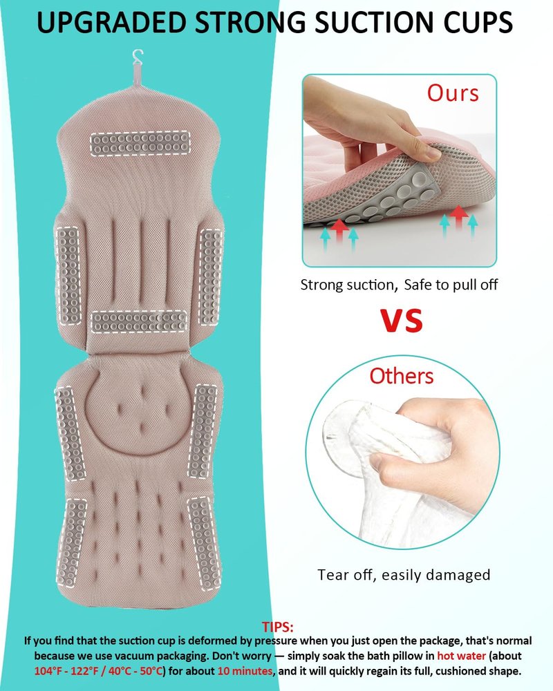 Full Body Bath Pillow for Bathtub, 5D Thick Tub Pillow for Bathtub with 192 Non-Slip Suction Cups, Laundry Bag & Hook, Bathtub Pillow for Head, Neck & Back Support (Pink, 51"*15")