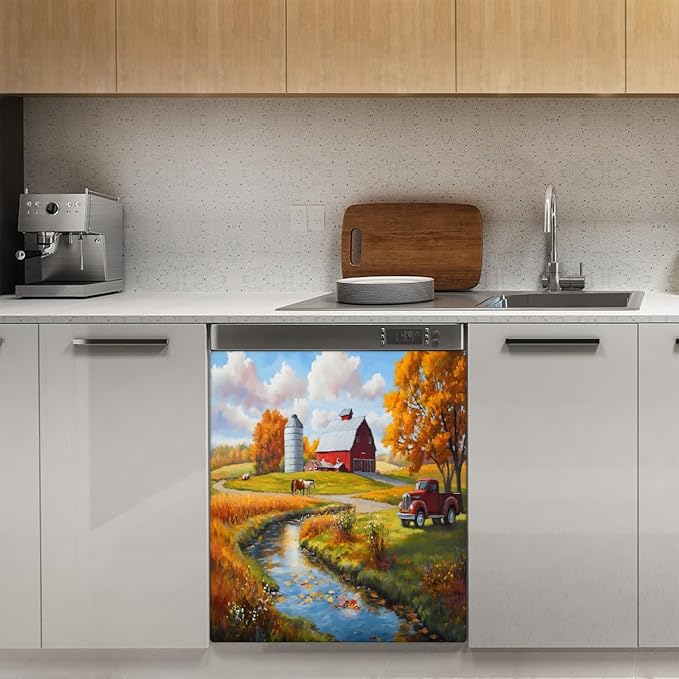 Autumn Farm Lake Trees Dishwasher Magnet Cover for The Front Magnetic Dishwasher Door Covers Dish Washer Sticker Wrap Home Decorative Appliances Panel Decal Kitchen Decor 23" x 26" (Magnetic)