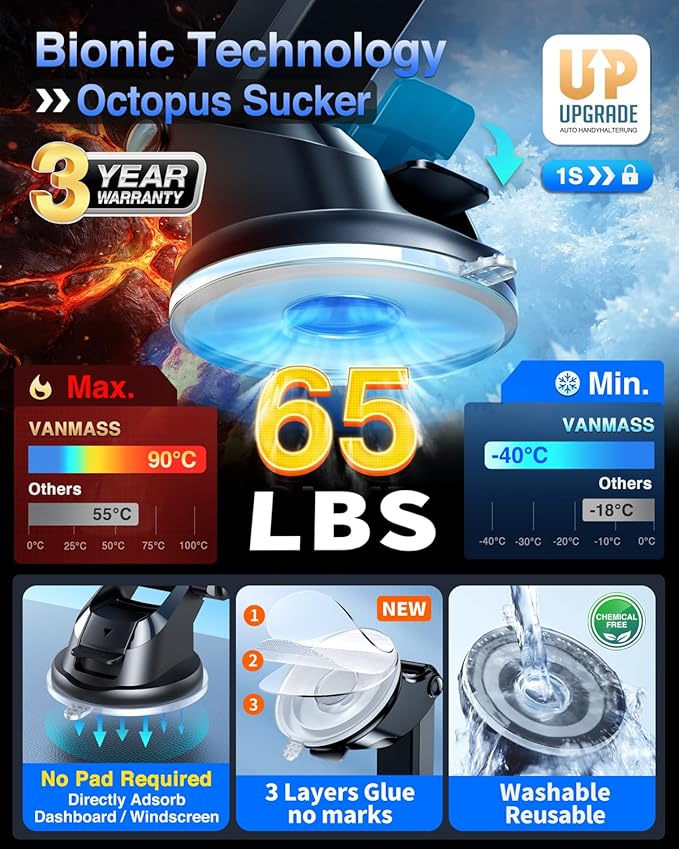 VANMASS 2026【True Military-Grade】 Phone Holders for Your Car 【90 LBS Strongest Suction & Clip】 Ultimate Cell Phone Mount Dashboard Window Vent for iPhone 17 Pro Max 16 15 14 13 Samsung Android Truck
