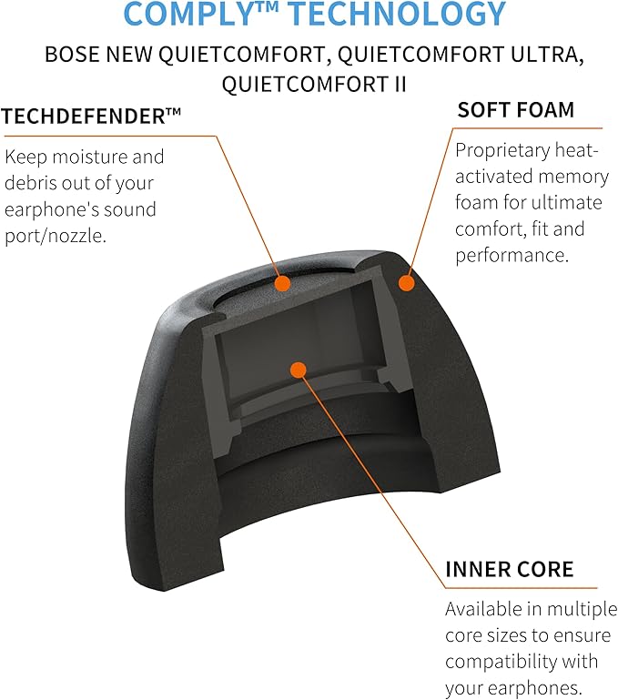 Comply Memory Foam Replacement Earbud Tips for Bose QuietComfort, II, Ultra 1&2 | Ultimate Comfort, Secure Fit, Superior Noise Isolation | Black (S/M/L) (3 Pairs)