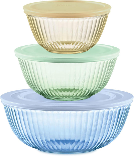 Pyrex Colors Tinted Mixing Bowls Set - Sculpted Glass with Plastic Lids | 3-Pack Nesting Bowls (1.3QT, 2.3QT, 4.5QT)