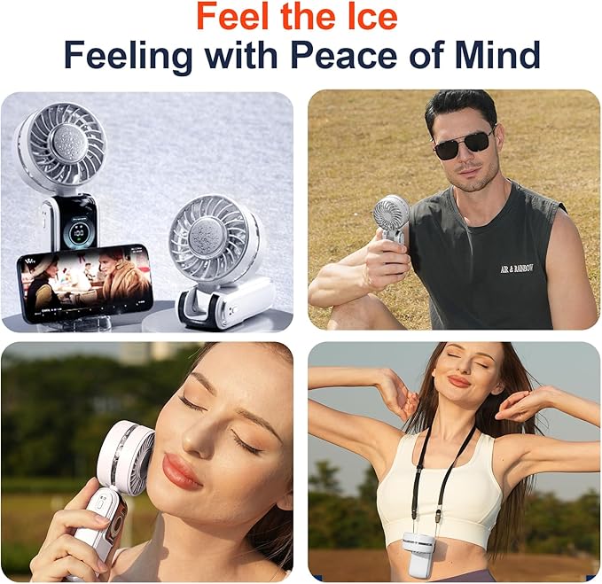 GZEduld Personal Handheld Fan with Stand & Lanyard, 5000mAh USB-C Rechargeable Battery, 12H Runtime 5-Speed LED Display Mini Cool Fan for Travel Beach Concerts Outdoor Events（4 Colors Available）