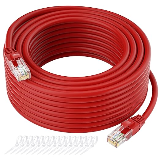 Kxable Cat5e Ethernet Cable 125 FT, Cat 5e Internet Cable, Red Snagless Patch Cord, Flexible, Network, LAN, PoE, Standard RJ45 Connector for PC, Server, Router, Modem, TV, PS5 - with 15 Cable Ties