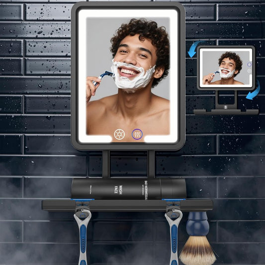 Shinowa Heated Shower Mirror Fogless for Shaving, 360° Adjustable Lighted Shower Mirror with 3 Color Modes, Rechargeable Anti Fog Shower Shaving Mirror with Large Storage Tray & Razor Holder, Black