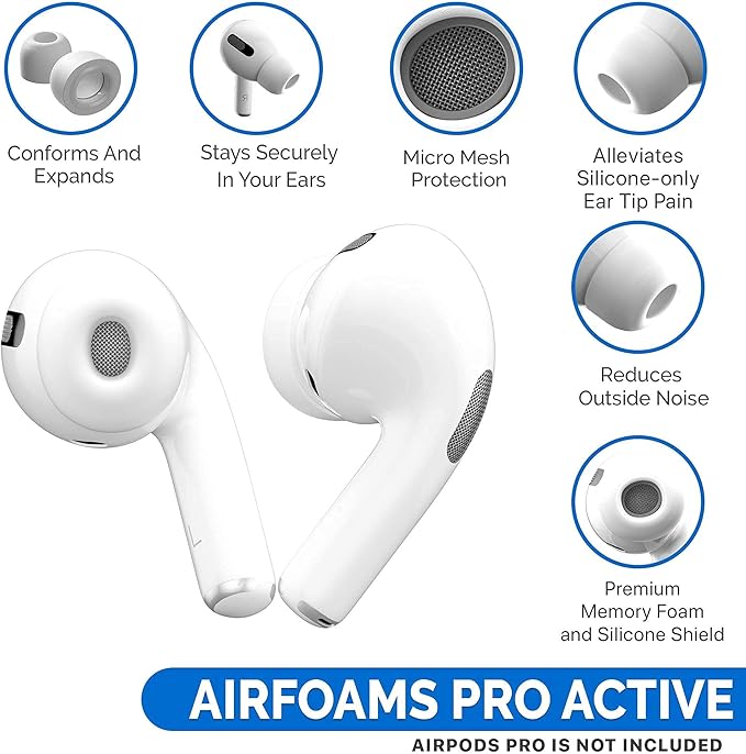 CharJenPro Patented Design Memory Foam Ear Tips for AirPods Pro and AirPods Pro 2 w/Silicone Shield. AirFoams Pro Active 2.0 Lasts 5X Longer. Replacement Tip. Lifetime Replacement. (S/M/L, White)