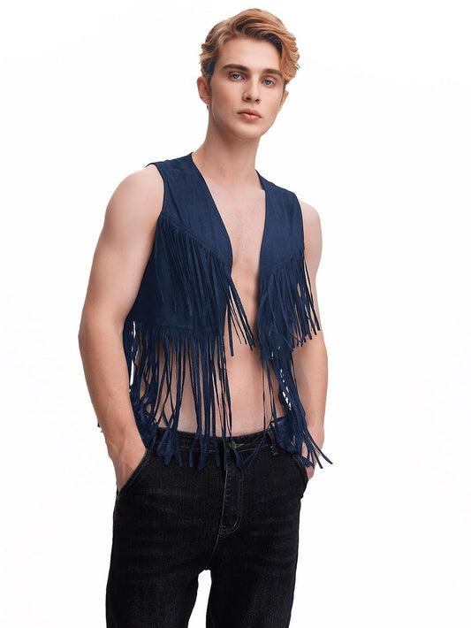 WDIRARA Men's Open Front Sleeveless Fringe Hem Party Club Jacket Vest Outerwear Navy Blue Solid S