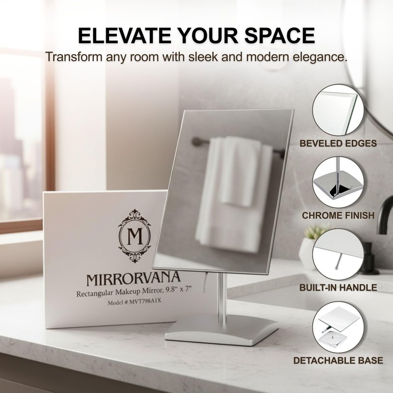 MIRRORVANA Large Table Desk Mirror with Stand for Office Desktop, Makeup Vanity and Bathroom Countertop - Personal Adjustable Face Mirror - 9.8" x 7"