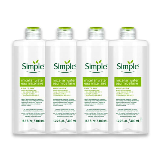 Simple Kind To Skin Micellar Water - Makeup Remover and Facial Cleanser - Face Cleanser with Pro-Vitamin B5, B3 and C - Vegan, No Perfumes - 4 pc